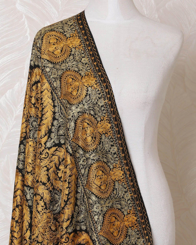 Black Premium pure kashmiri shawl with gold and mustard jacquard in floral design-D14942
