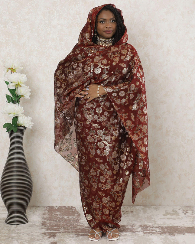 Maroon Premium pure silk chiffon thobe with black viscose and gold metallic lurex in floral design-D14364