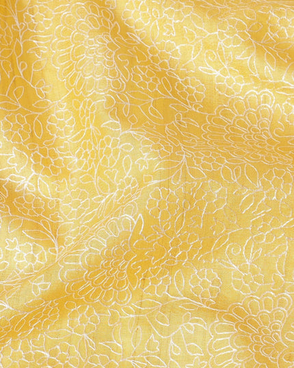 Mustard yellow tussar silk fabric with off white embroidery in fancy design-D6436