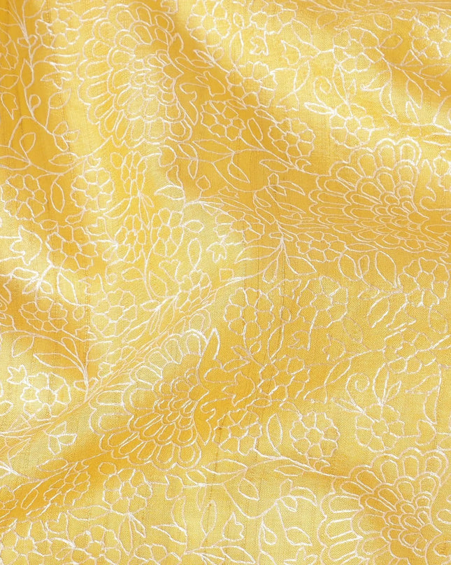 Mustard yellow tussar silk fabric with off white embroidery in fancy design-D6436 Regal Fabrics
