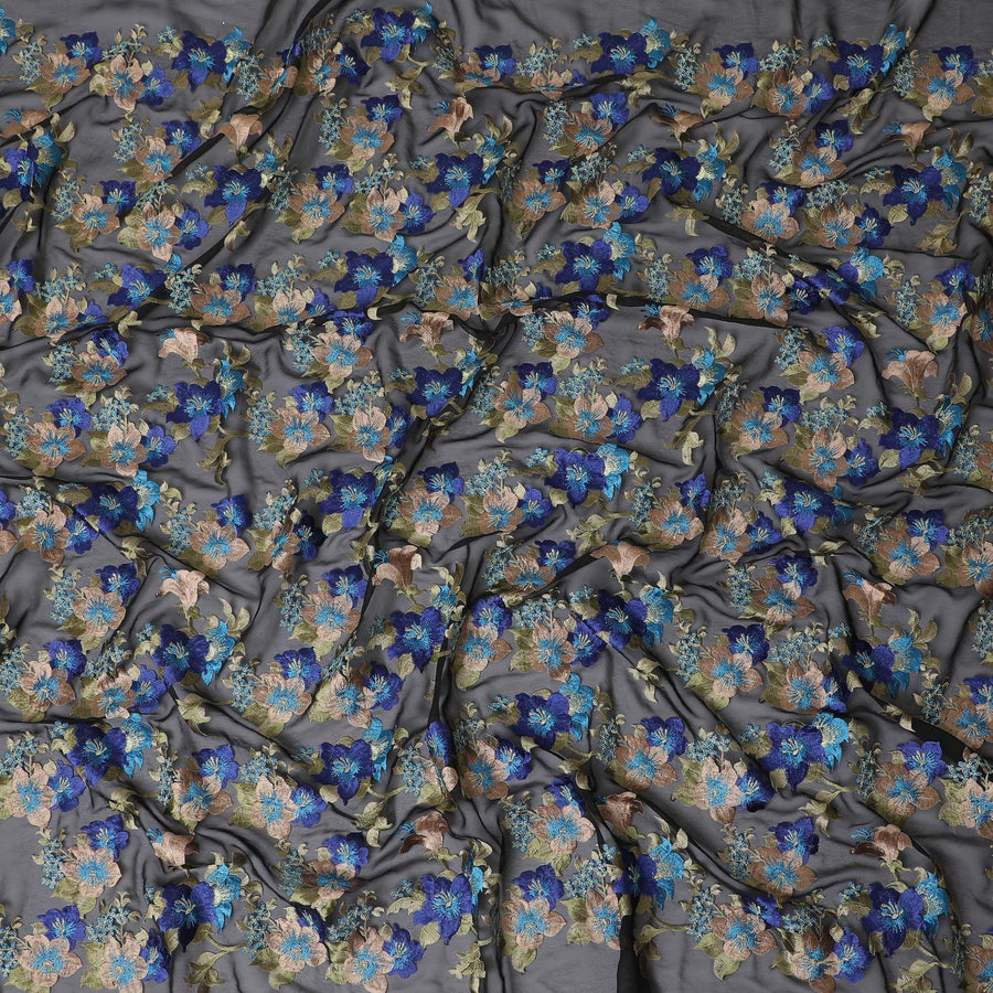 Black synthetic chiffon fabric with multicolor embroidery in floral design-D12486 Regal Fabrics
