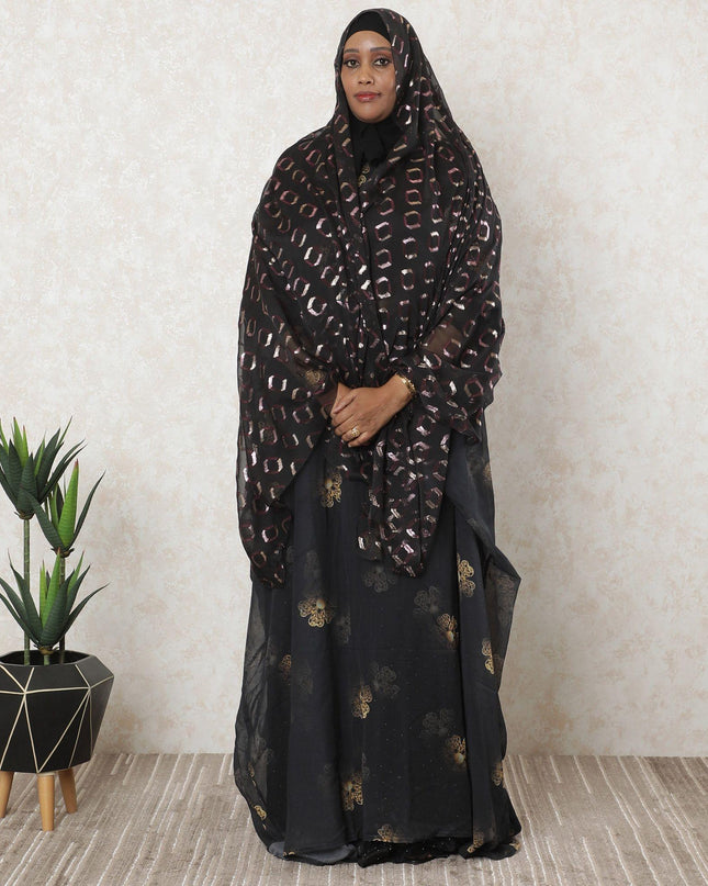 Black premium Pure French (Fransawi) silk chiffon garbasaar with magenta pink viscose, gold and baby pink metallic lurex in abstract design-11532