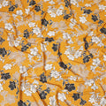 Mustard yellow Italian viscose fabric with black, pale brown and off white print having golden metallic lurex stripe in floral design-D7904 Regal Fabrics