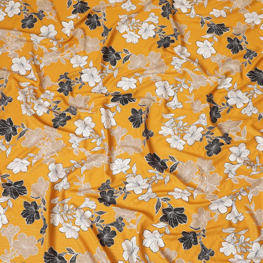 Mustard yellow Italian viscose fabric with black, pale brown and off white print having golden metallic lurex stripe in floral design-D7904 Regal Fabrics