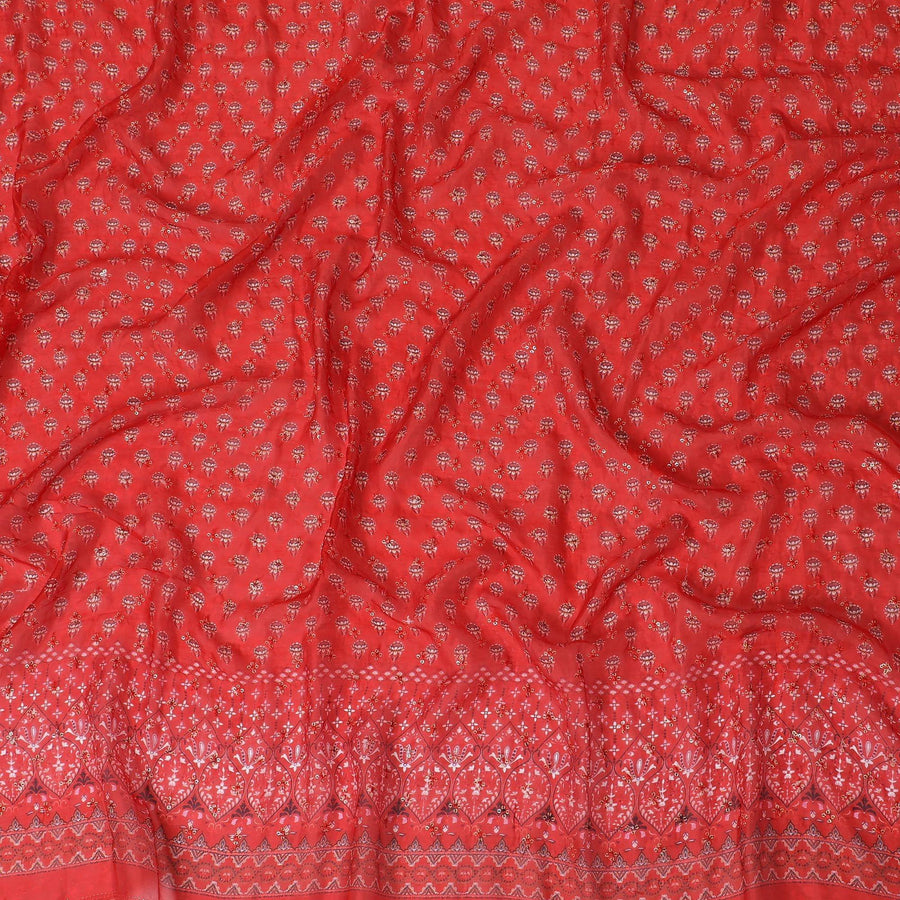 Crimson red synthetic chiffon fabric with same tone sequin embroidery in floral design-D15435