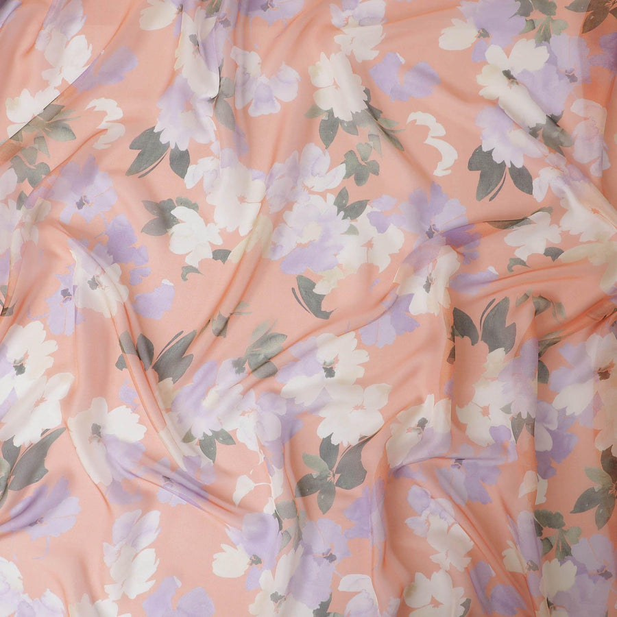قماش شيفون من الحرير الخالص الخوخي مع طباعة متعددة الألوان بتصميم الأزهار-D13221