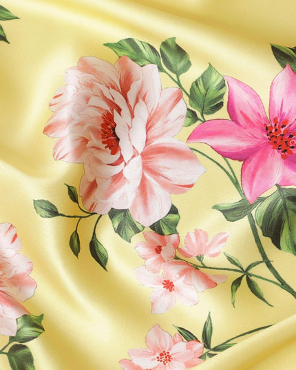 قماش ساتان حريري خالص فاخر من زهرة الشمس مع طباعة متعددة الألوان بتصميم زهور-D14289