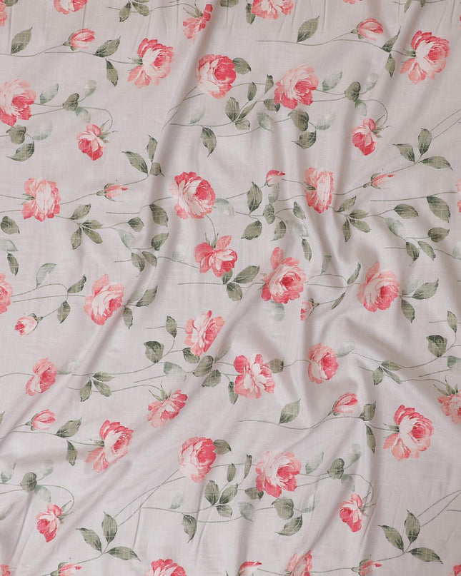 Light grey cotton lawn fabric with brick pink and sage green print in floral design-D9021