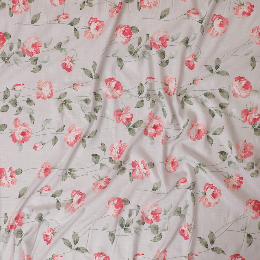 Light grey cotton lawn fabric with brick pink and sage green print in floral design-D9021