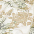 Off white pure silk chiffon fabric with laurel green, black print having gold metallic lurex in floral design-D8329