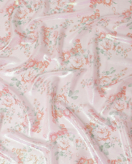 قماش شيفون من الحرير الخالص الفاخر باللون الخوخي الفاتح مع طباعة متعددة الألوان مع لوريكس معدني أخضر نيون بتصميم زهور-D14560
