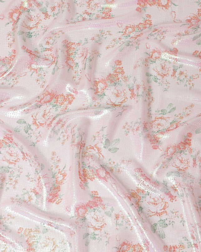 Light peach Premium pure silk chiffon fabric with multicolor print having neon green metallic lurex in floral design-D14560