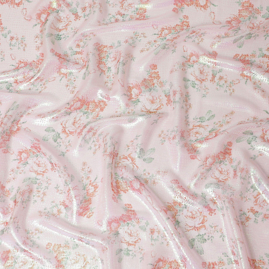 قماش شيفون من الحرير الخالص الفاخر باللون الخوخي الفاتح مع طباعة متعددة الألوان مع لوريكس معدني أخضر نيون بتصميم زهور-D14560
