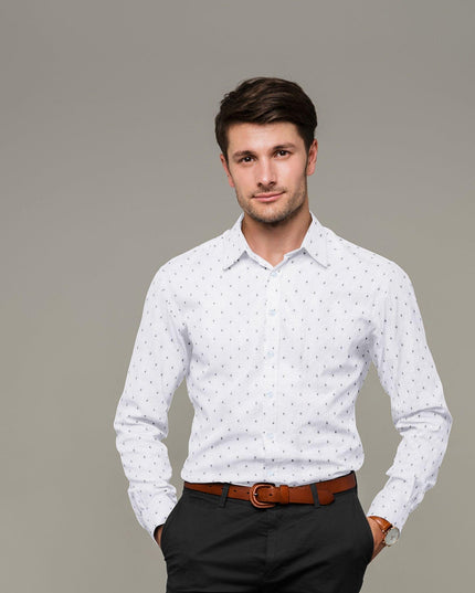 قماش القمصان القطني بنسبة 100% باللون الرمادي السحابي مع جاكار باللون الأزرق الداكن بتصميم منقط-D7284