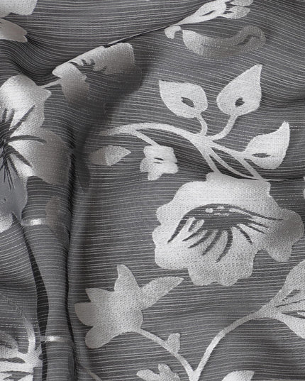 Black Premim pure silk chiffon fabric with silver jacquard in floral design-D15319