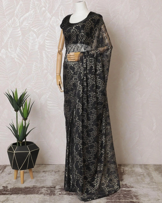 Dark navy blue, gold Premium pure French metallic chantilly lace saree in paisley design-D15546 Regal Fabrics