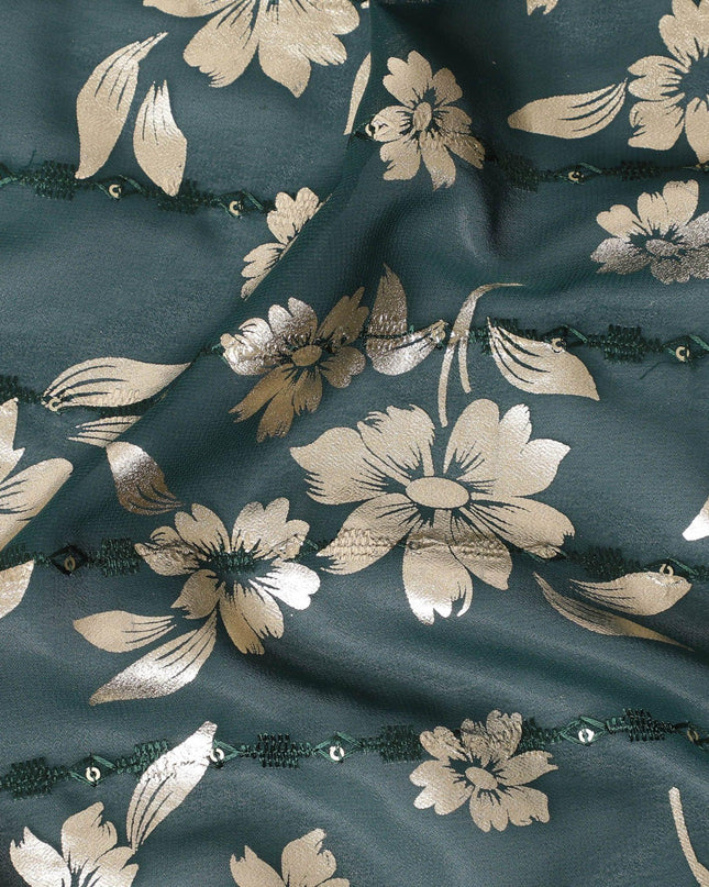 قماش جورجيت صناعي أخضر اللون مع تطريز بنفس اللون، وترتر ذهبي بطباعة رقائق ذهبية بتصميم زهور-D12232