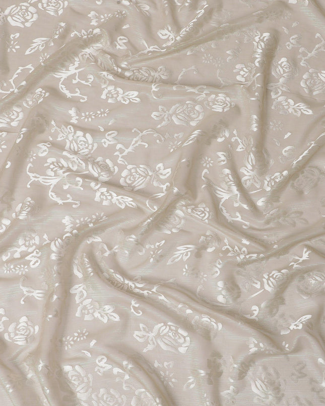 Beige Premim pure silk chiffon fabric with silver jacquard in floral design-D15326