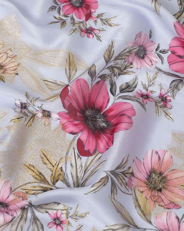 Light sky blue premium pure silk chiffon fabric with olive green and pink print having gold metallic lurex in floral design-D10581
