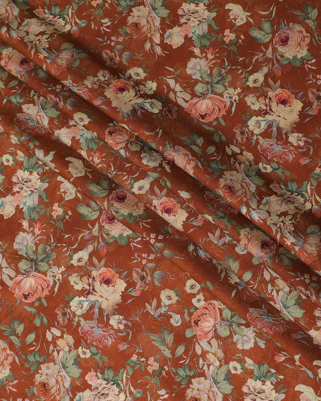 Rusty brown synthetic crepe fabric with multicolor print in floral design-D12239 Regal Fabrics