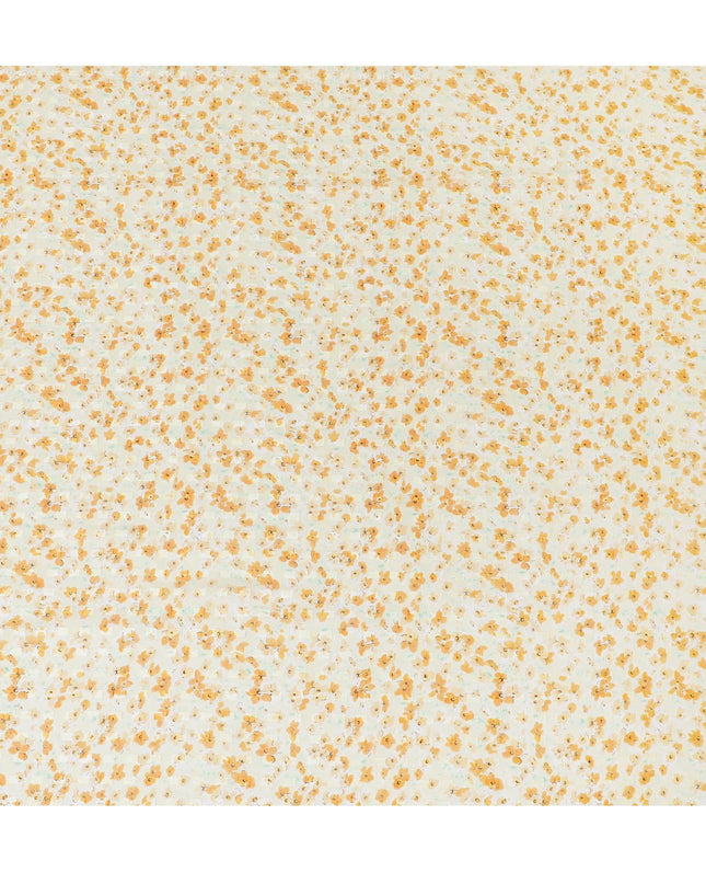 Blonde yellow uragiri cotton voile fabric with same tone jacquard having peach and turquoise green print in clip cord design-D14210