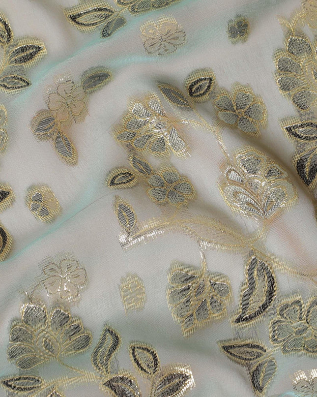 قماش شيفون حريري خالص زيتوني، بني بنفس اللون، فيسكوز أسود به لوركس معدني ذهبي بتصميم زهور - D14124