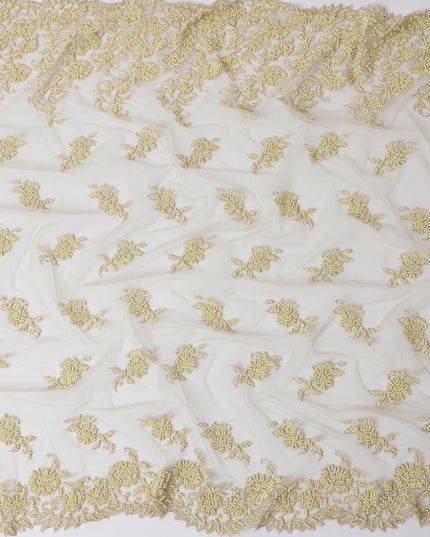 Light gold nylon tulle fabric with same tone embroidery, beads in floral design-D11744