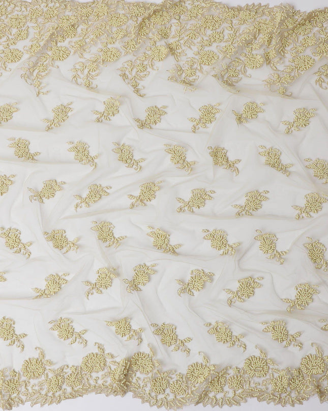 Light gold nylon tulle fabric with same tone embroidery, beads in floral design-D11744
