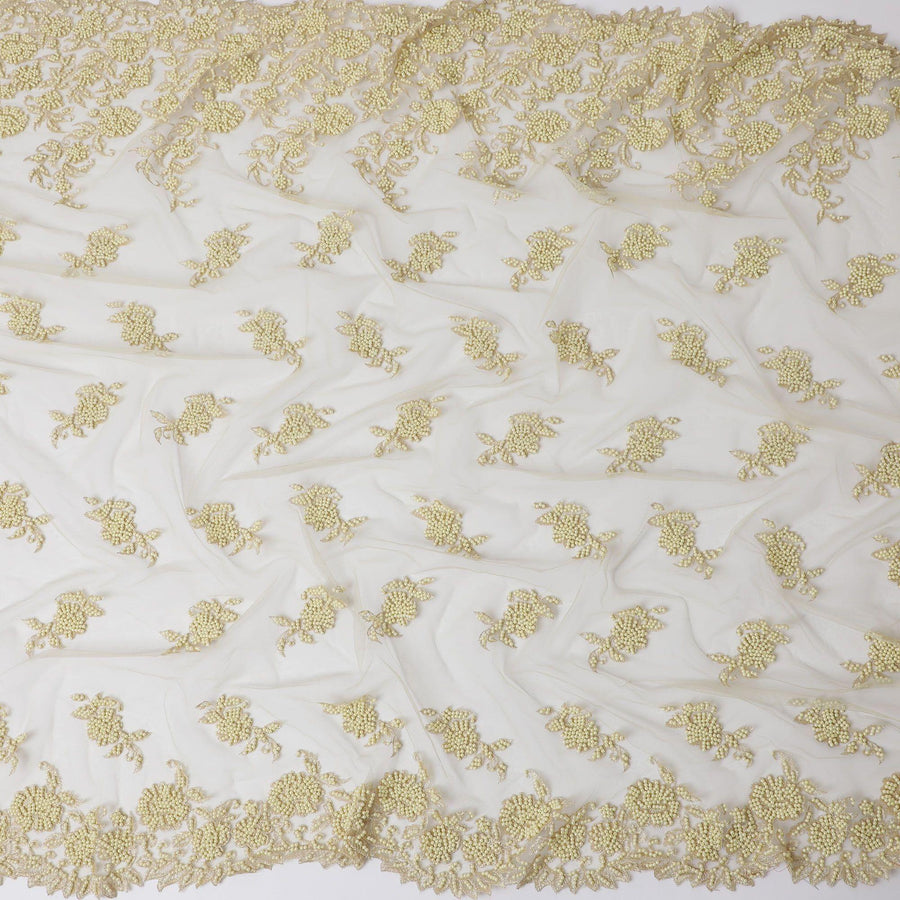 Light gold nylon tulle fabric with same tone embroidery, beads in floral design-D11744
