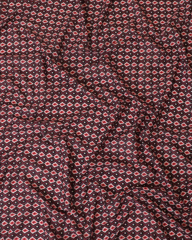 Maroon Premium Spanish 100% cotton lawn fabric with black, light pink and Scarlet red print in abstract design-D9241