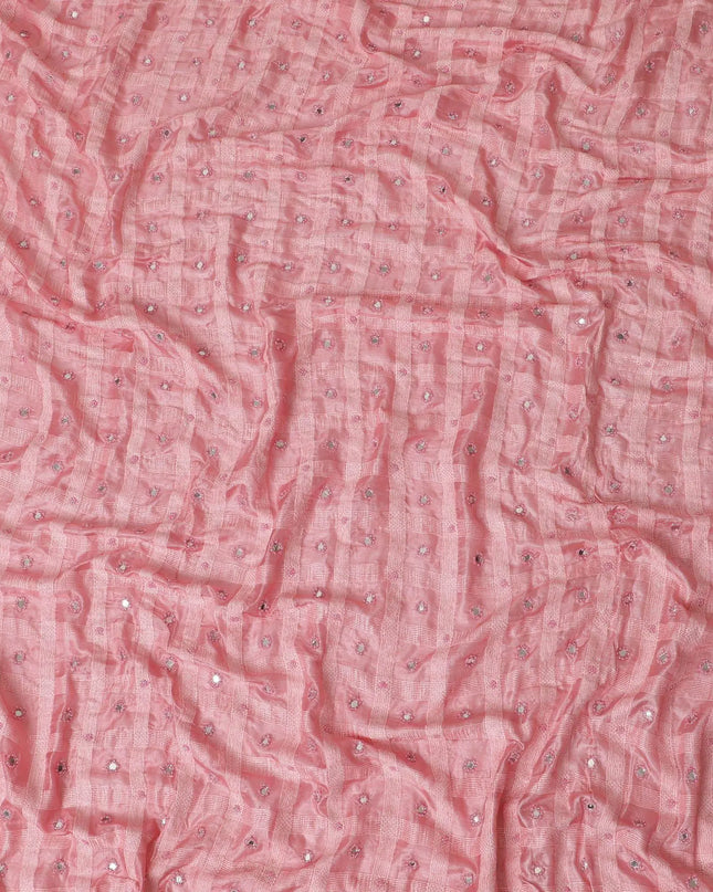 Rose Pink synthetic polyester fabric with same tone embroidery, bead work and mirror work in checks design-D11782 Regal Fabrics
