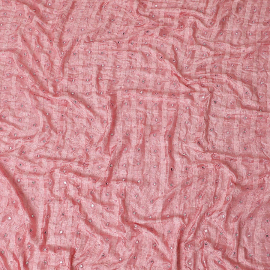 قماش بوليستر صناعي باللون الوردي الوردي مع تطريز بنفس اللون وأعمال خرز ومرآة بتصميم مربعات D11782