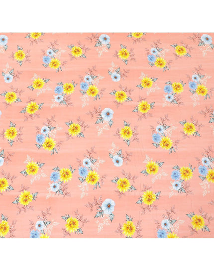 Salmon orange premium pure silk crepe fabric with sun flower yellow, baby blue and beige print in floral design-D9393