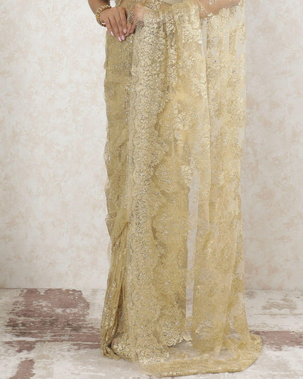 Gold Premium pure metallic French chantilly saree lace having stone work in floral design-D13516 Regal Fabrics
