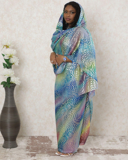 Multicolor Premium pure silk chiffon thobe with gold metallic lurex in abstract design-D14355 Regal Fabrics