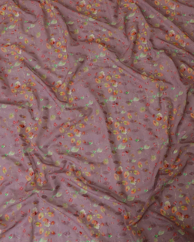 Mauve cotton voile fabric with same tone jacquard having multicolor print in floral design-D9122