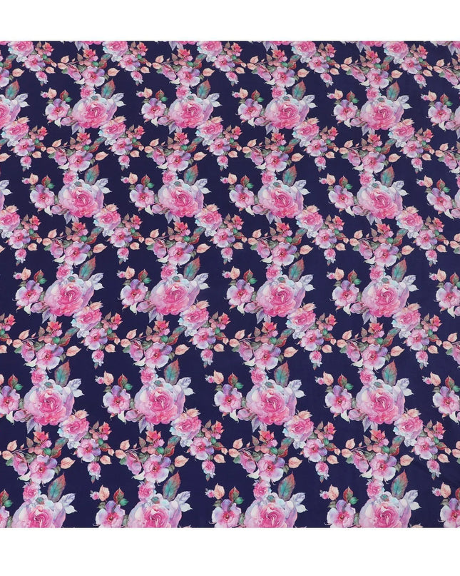 Navy blue synthetic crepe fabric with multicolor print in floral design-D14461 Regal Fabrics