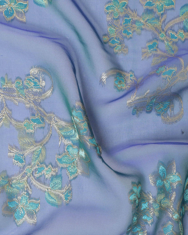 قماش من الشيفون الحريري الخالص الفاخر ذو اللونين الأزرق البروسي مع الفيسكوز الأزرق والوركس المعدني الذهبي بتصميم الأزهار-D13184