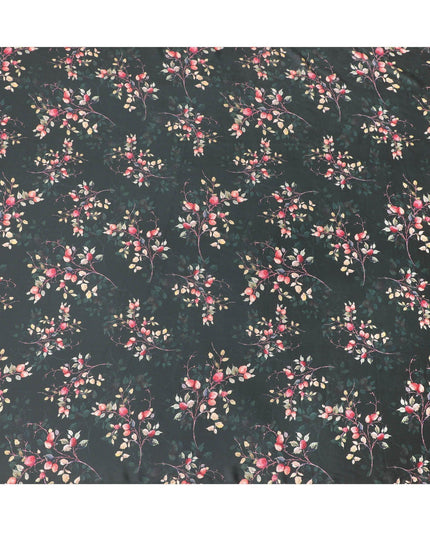 Black synthetic satin fabric with multicolor print in floral design-D10269