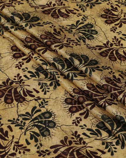 Latte beige premium pure silk satin fabric with multicolor print in paisley design-D13217