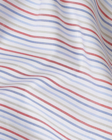 قماش الكتان النقي الفاخر باللون الأبيض الفاتح مع طباعة باللون الأحمر والأزرق والأخضر الغار بتصميم مخطط - D11108