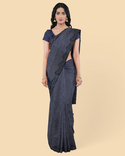 Indigo blue net saree with same colour sequence in abstract design. Blouse piece in same colour-D12731