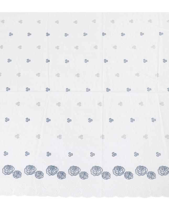 قماش فوال من القطن الخالص الأبيض الفاخر بنفس اللون والتطريز الأزرق بتصميم الأزهار-D13602