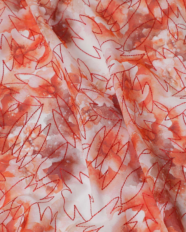 قماش فوال من القطن الخالص باللون الأبيض الفاتح مع طباعة برتقالية وتطريز بنفس اللون بتصميم فاخر-D13254