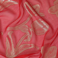 Scarlet red premium pure silk chiffon fabric with gold metallic lurex in floral design-D10157