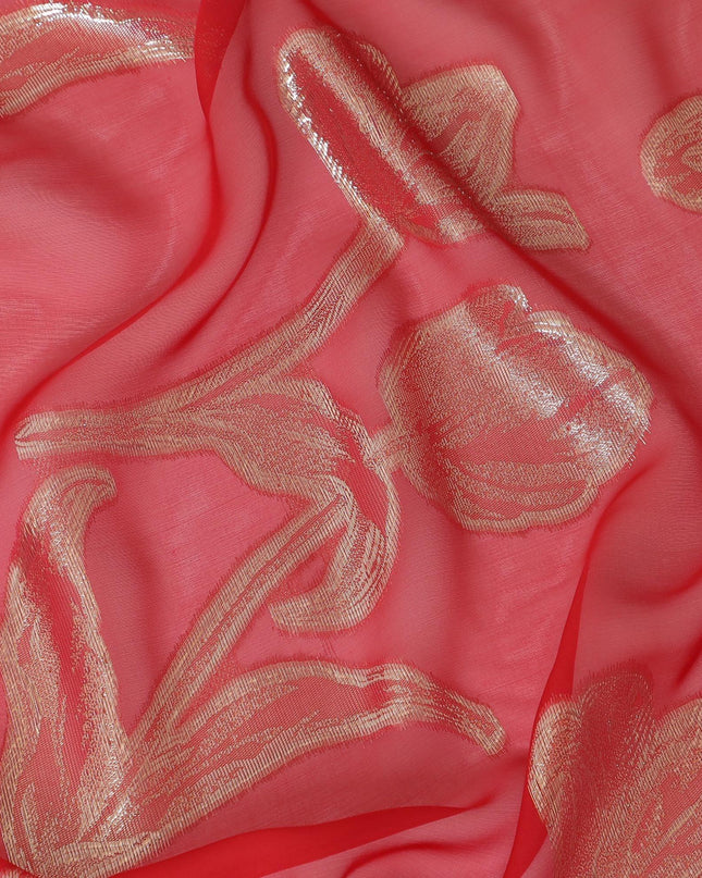 قماش شيفون من الحرير الخالص باللون الأحمر القرمزي مع لوركس معدني ذهبي بتصميم الأزهار-D10157