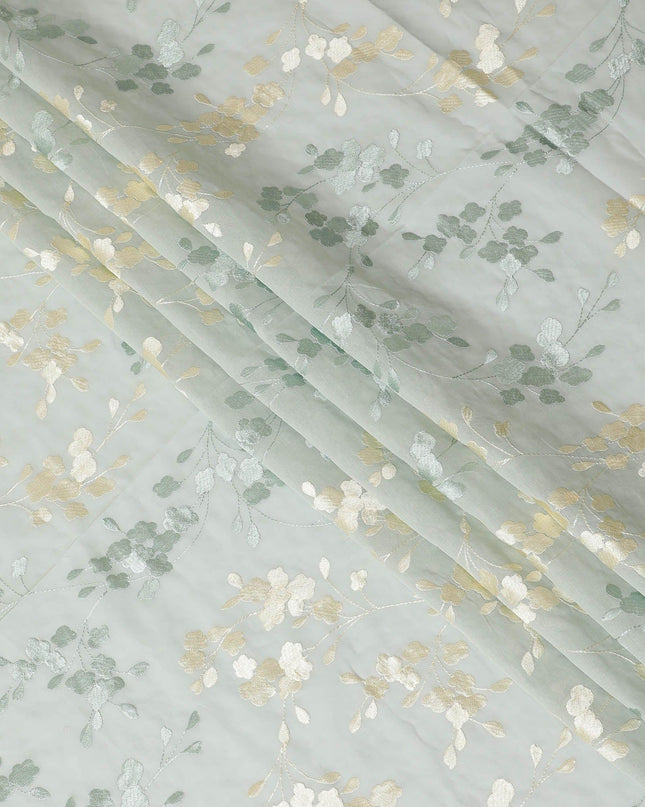 قماش الفوال القطني الخالص الفاخر باللون الأخضر الغار مع نفس اللون والتطريز البيج بتصميم الأزهار-D13630