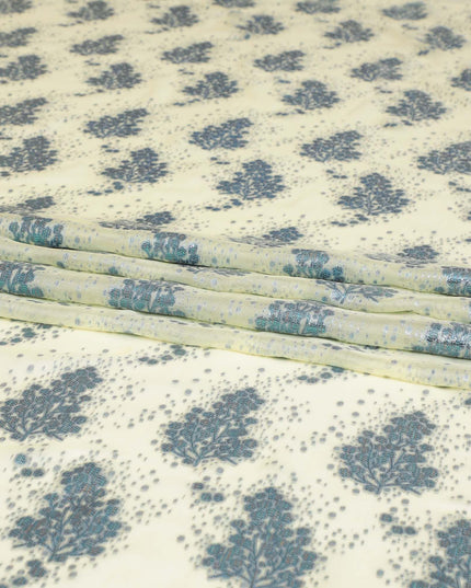 Banana yellow silk chiffon fabric with baby blue and copper metallic lurex in floral design-D8040