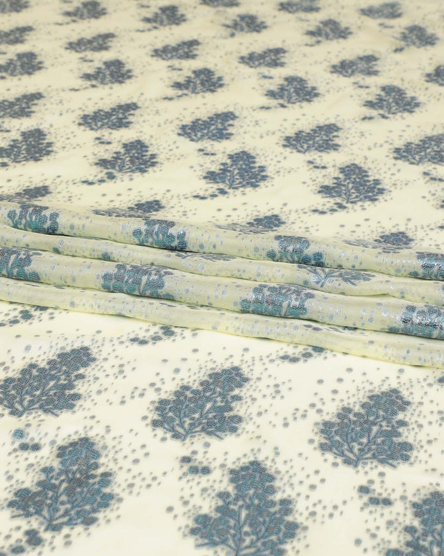 Banana yellow silk chiffon fabric with baby blue and copper metallic lurex in floral design-D8040