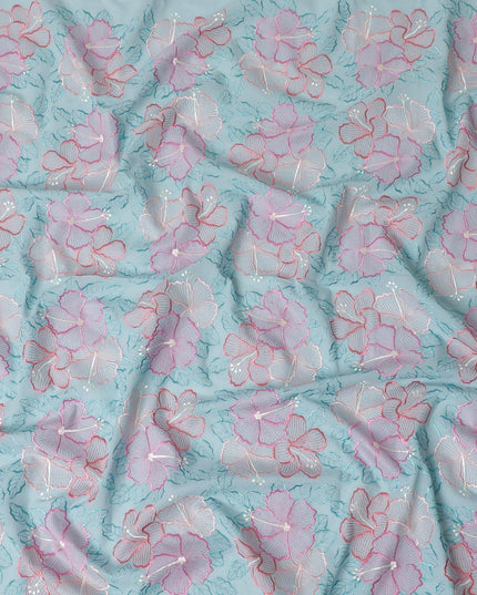 Baby blue Premium pure cotton voile fabric with same tone, beige, salmon pink and peach embroidery in floral design-D15247